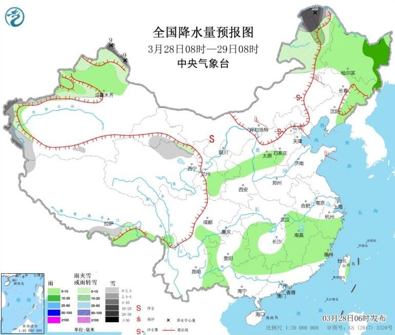 全国降水量预报图(3月28日08时-29日08时)