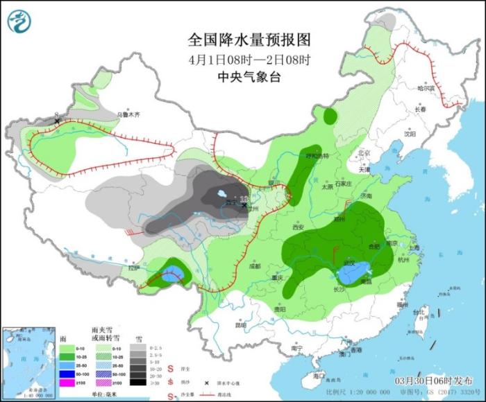 全国降水量预报图(4月1日08时-2日08时)