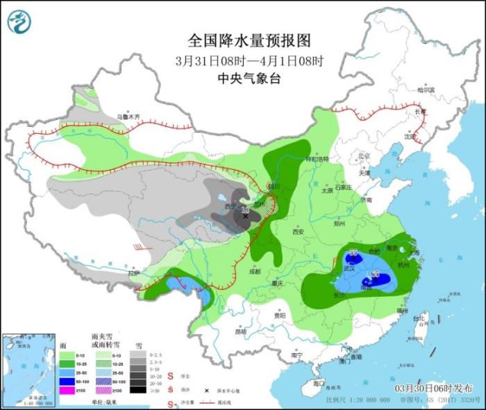 全国降水量预报图(3月31日08时-4月1日08时)