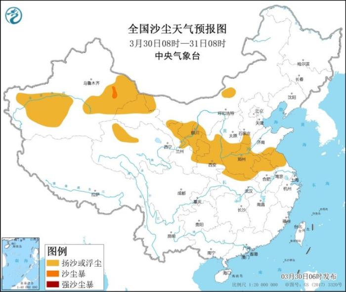 全国沙尘天气预报图(3月30日08时-31日08时)