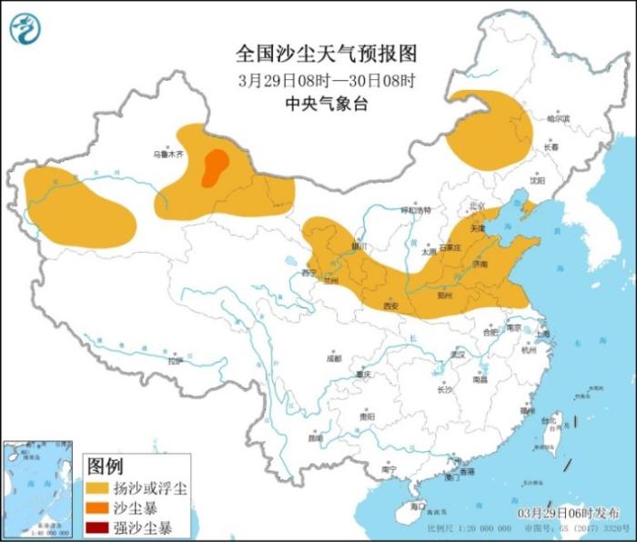 全国沙尘天气预报图(3月29日08时-30日08时)