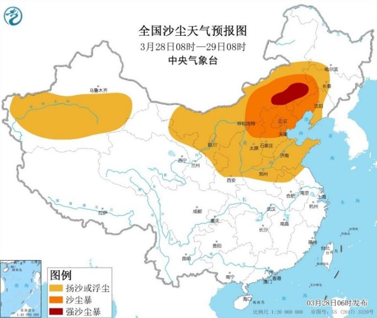 全国沙尘天气预报图(3月28日08时-29日08时)