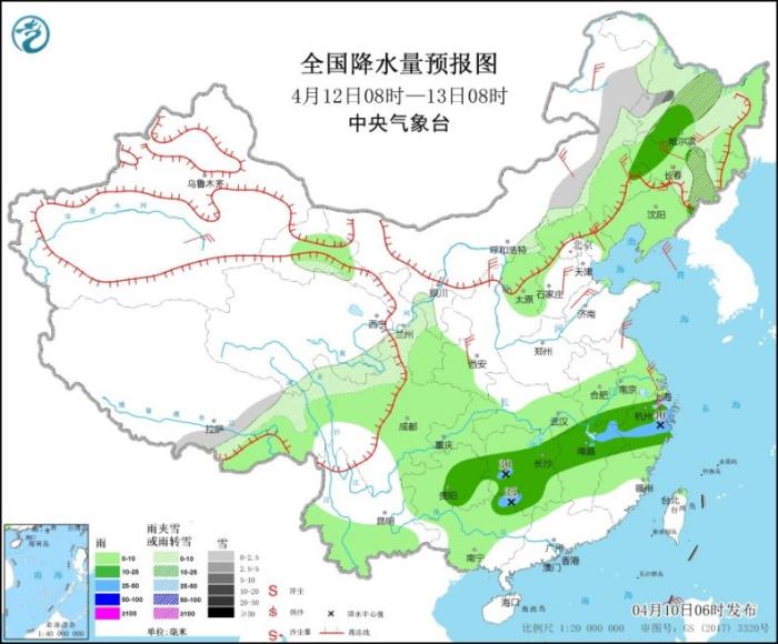 全国降水量预报图(4月12日08时-13日08时)