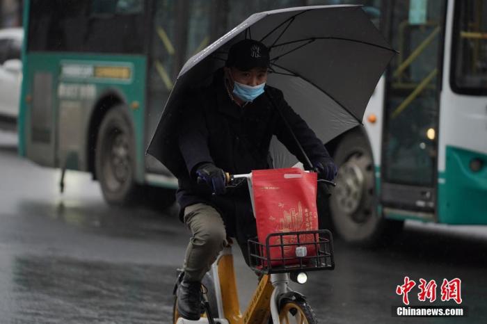 2月8日，立春后的昆明迎来降雨天气，气温骤降，瞬间返冬。图为市民撑伞骑车。中新社记者 刘冉阳 摄