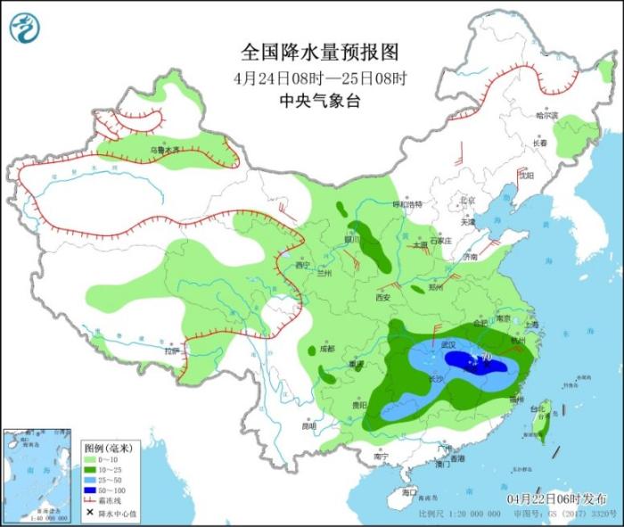 图3 全国降水量预报图(4月24日08时-25日08时)