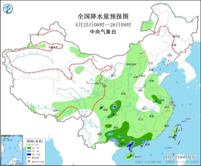 全国降水量预报图(4月25日08时-26日08时)