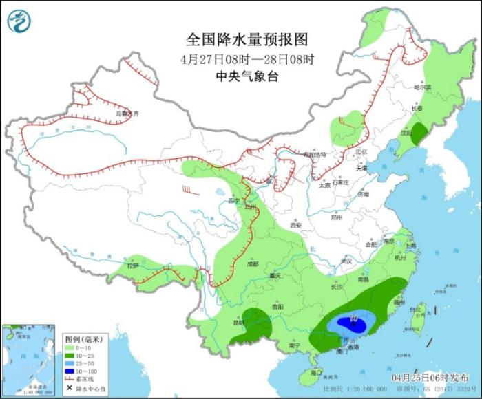  全国降水量预报图(4月27日08时-28日08时)