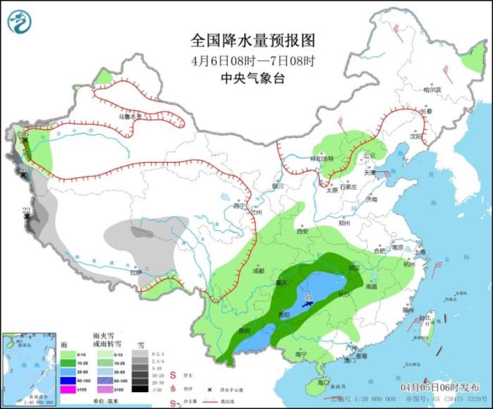 全国降水量预报图(4月6日08时-7日08时)