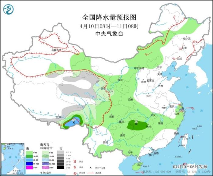 全国降水量预报图(4月10日08时-11日08时)