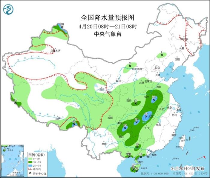 图1 全国降水量预报图(4月20日08时-21日08时)