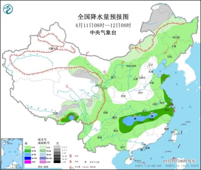 全国降水量预报图(4月11日08时-12日08时)