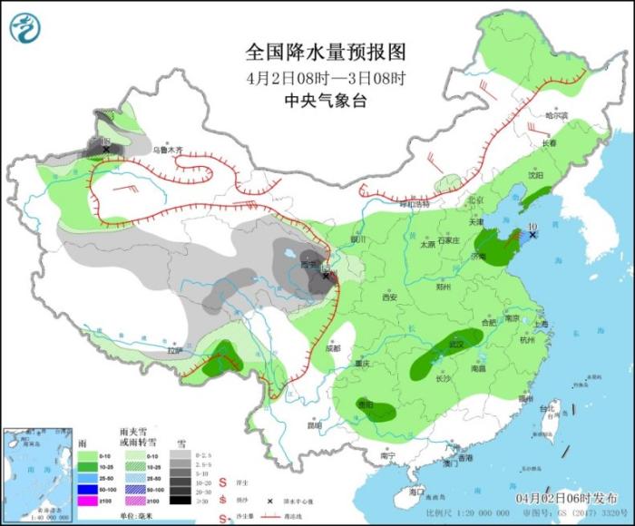 全国降水量预报图(4月2日08时-3日08时)