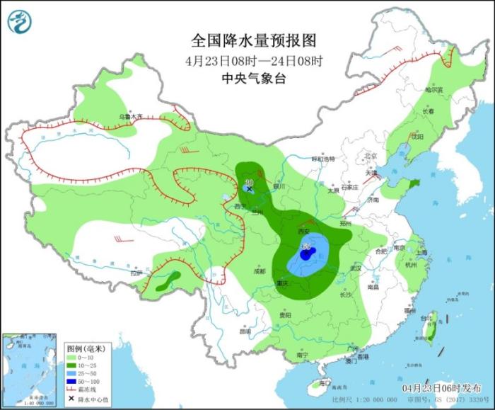 图1 全国降水量预报图(4月23日08时-24日08时)