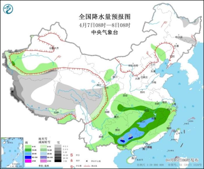 全国降水量预报图(4月7日08时-8日08时)