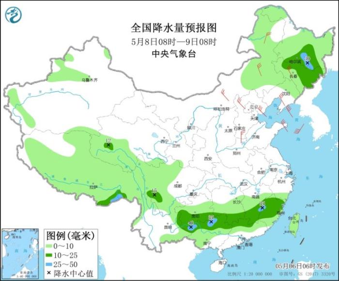 全国降水量预报图(5月8日8时-9日8时)