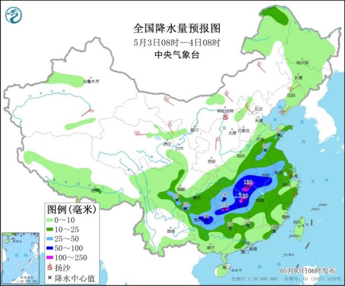 全国降水量预报图(5月3日08时-4日08时)