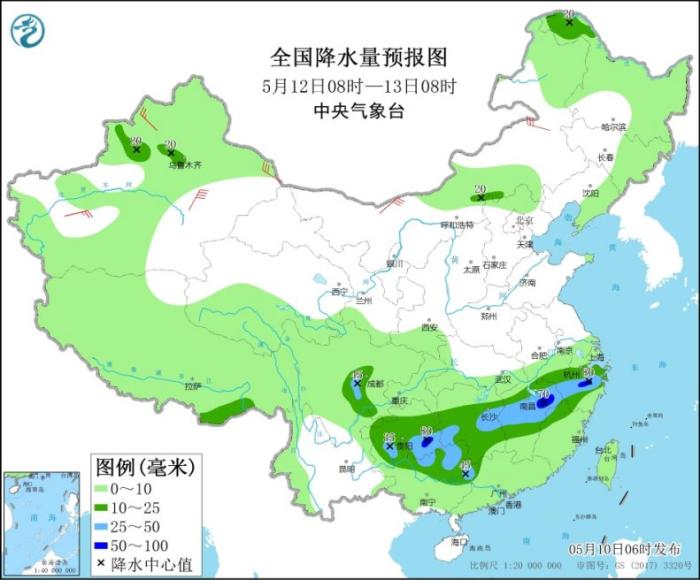 全国降水量预报图(5月12日08时-13日08时)