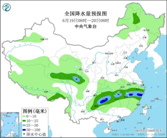 全国降水量预报图(6月19日8时-20日8时) 