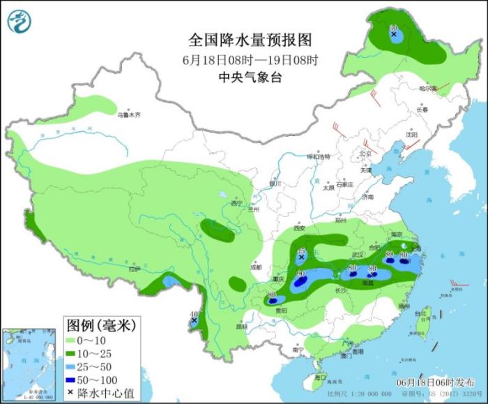 全国降水量预报图(6月18日8时-19日8时)