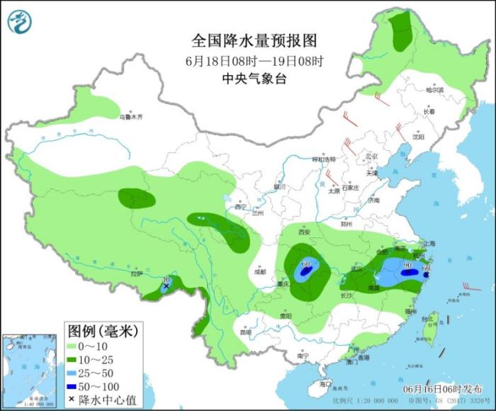 全国降水量预报图(6月18日8时-19日8时) 