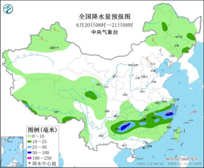 全国降水量预报图(6月20日08时-21日08时)