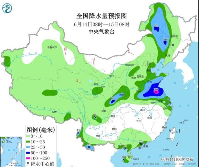 全国降水量预报图(6月14日08时-15日08时)