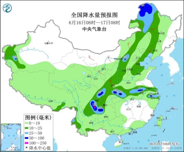 全国降水量预报图(6月16日8时-17日8时)