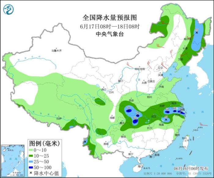 全国降水量预报图(6月17日8时-18日8时)