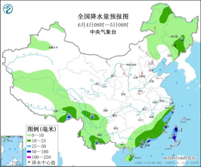 全国降水量预报图(6月4日08时-5日08时)