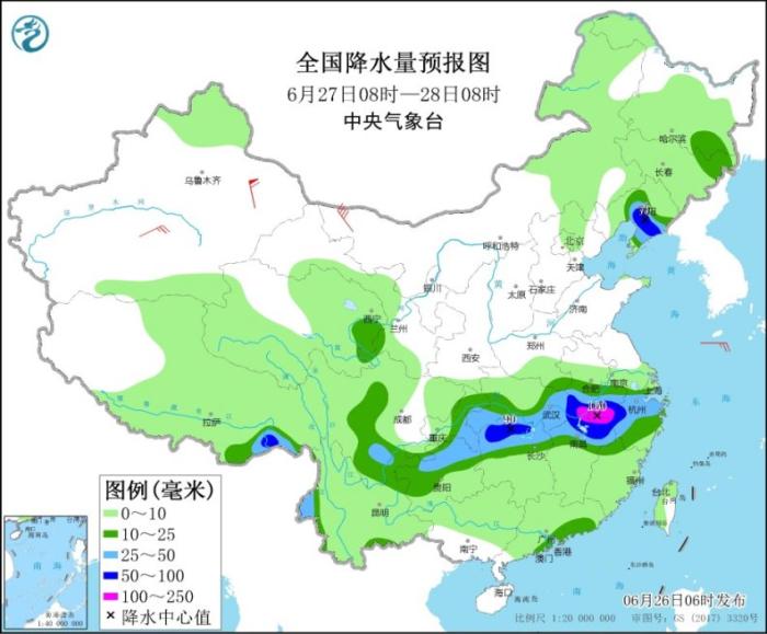 图2 全国降水量预报图(6月27日08时-28日08时)