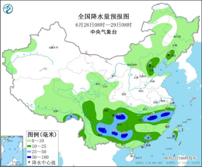 全国降水量预报图(6月28日08时-29日08时)