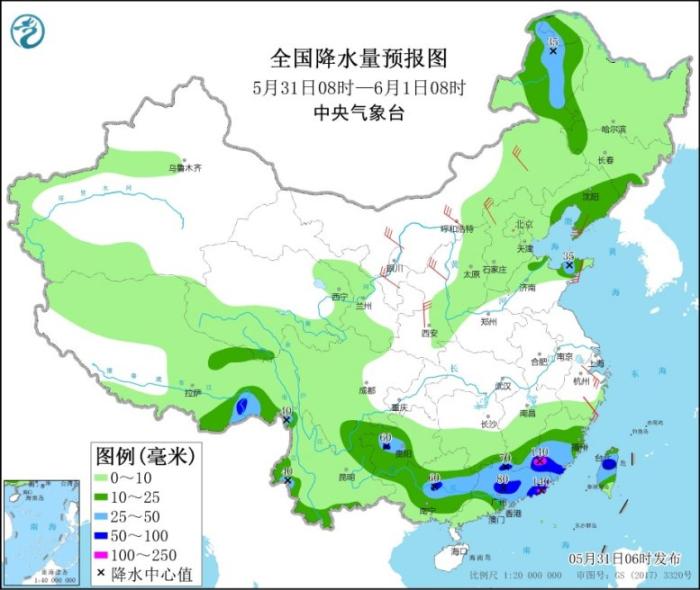 全国降水量预报图(5月31日08时-6月1日08时)