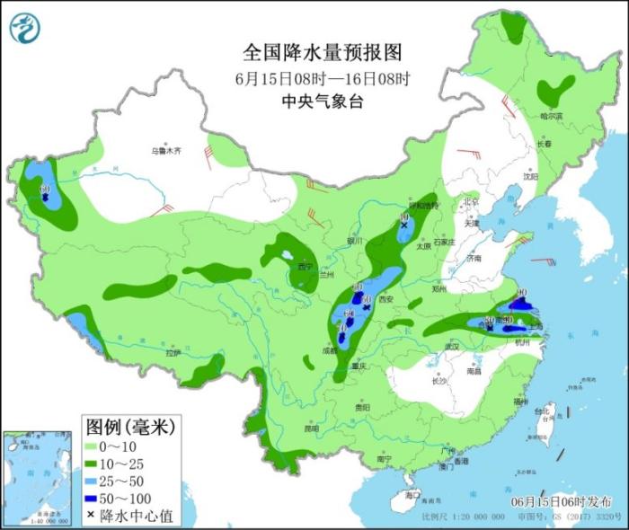 　全国降水量预报图(6月15日8时-16日8时)