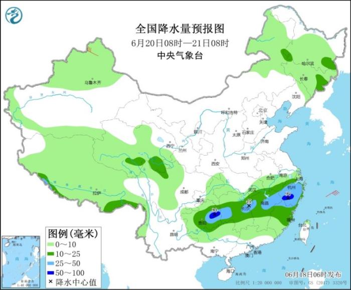 全国降水量预报图(6月20日8时-21日8时) 