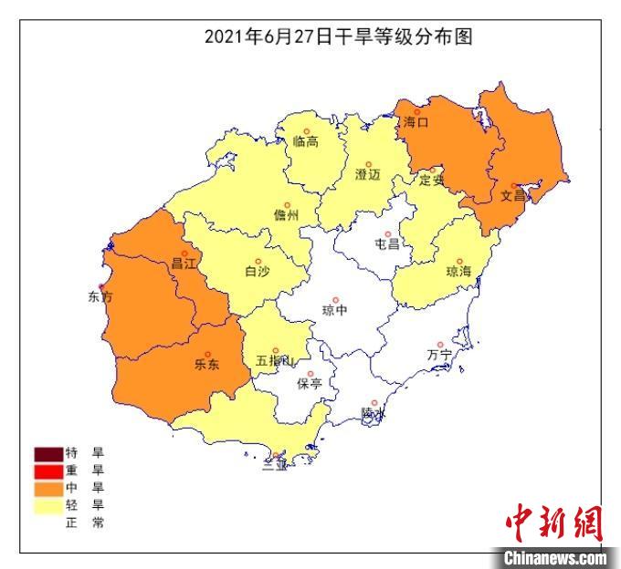 6月27日20时海南岛气象干旱等级分布。 海南省气象服务中心供图