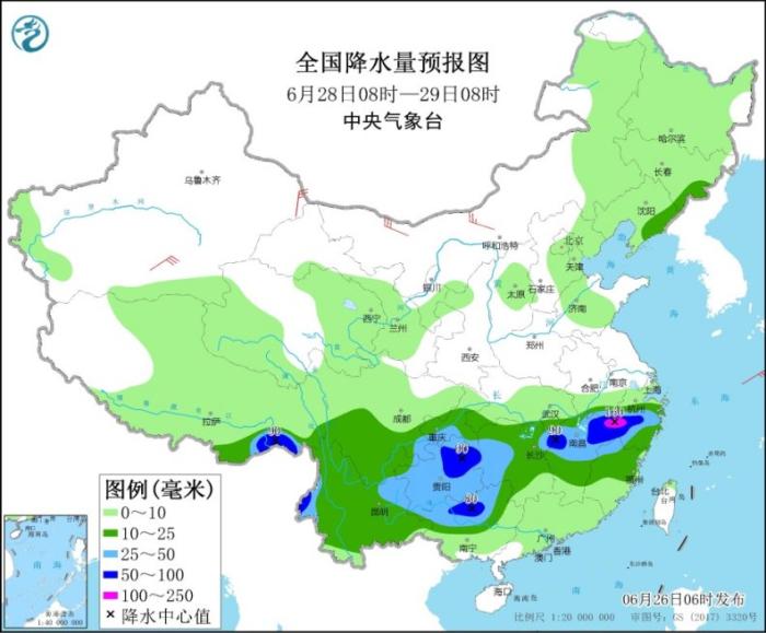 图3 全国降水量预报图(6月28日08时-29日08时)