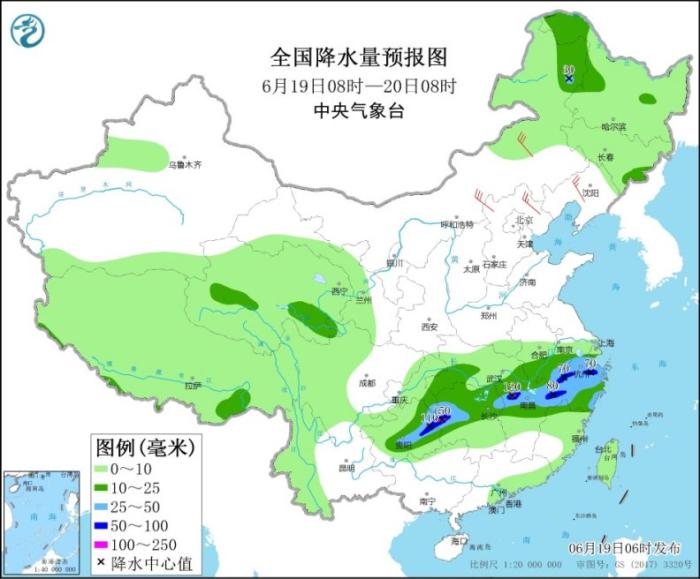 全国降水量预报图(6月19日08时-20日08时)