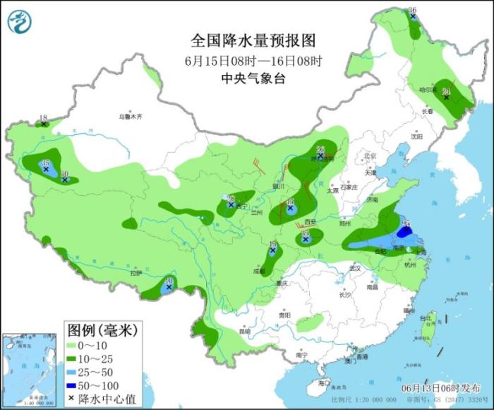 全国降水量预报图(6月15日8时-16日8时) 