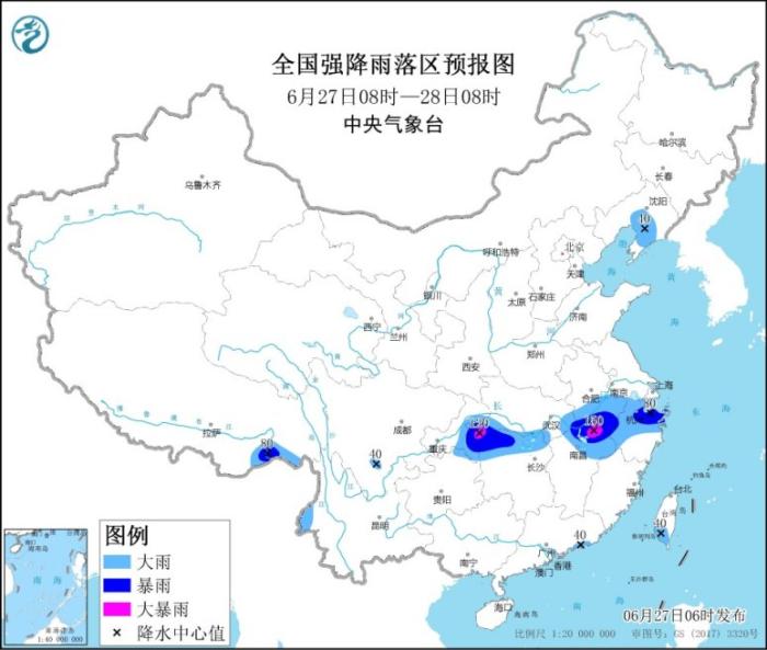 全国强降水落区预报图(6月27日08时-28日08时)