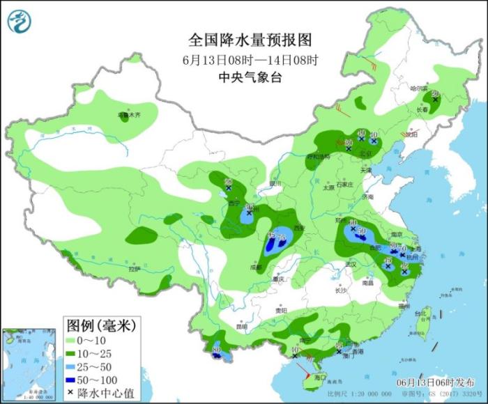 全国降水量预报图(6月13日8时-14日8时)