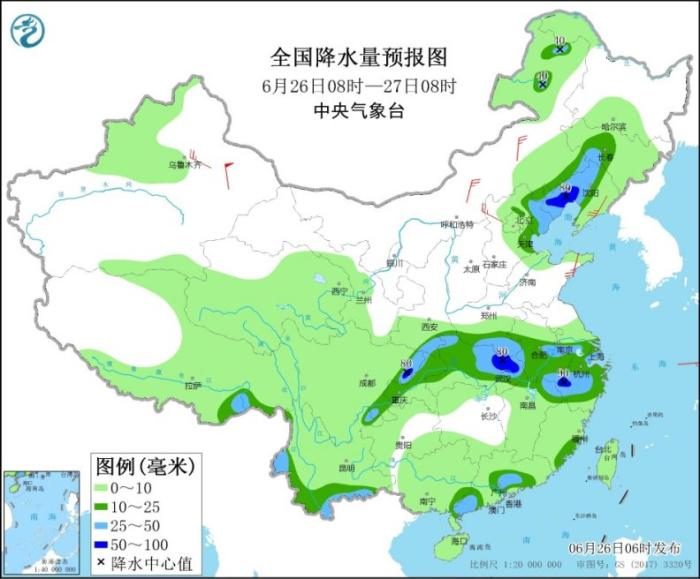 图1 全国降水量预报图(6月26日08时-27日08时)