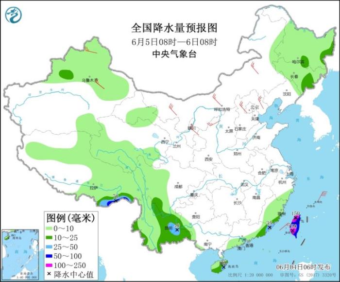 全国降水量预报图(6月5日08时-6日08时)