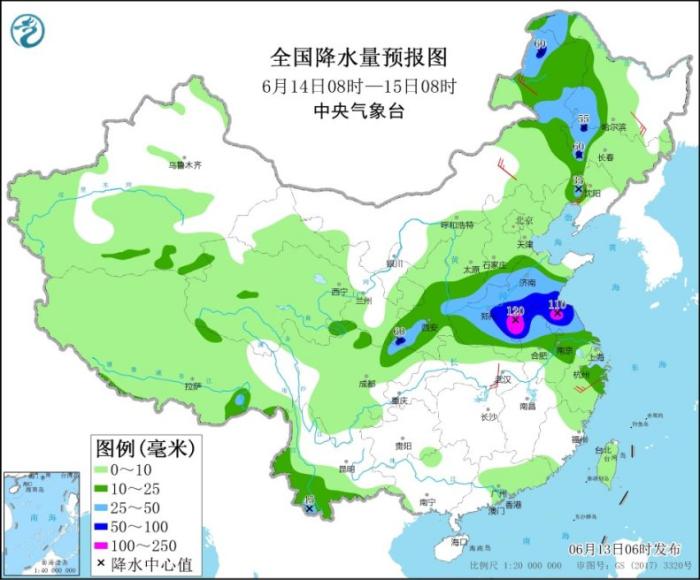 全国降水量预报图(6月14日8时-15日8时)