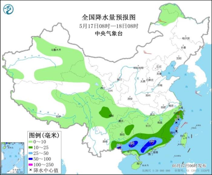 全国降水量预报图(5月17日08时-18日08时)