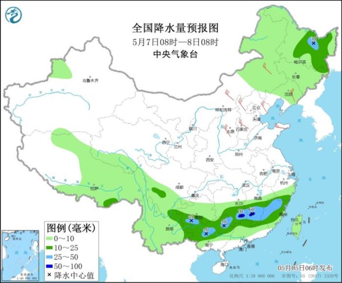 全国降水量预报图(5月7日08时-8日08时)