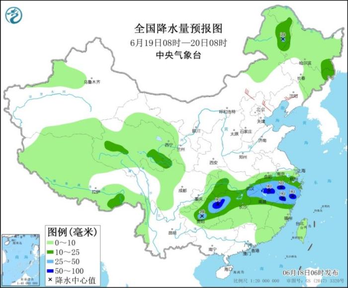 全国降水量预报图(6月19日8时-20日8时)