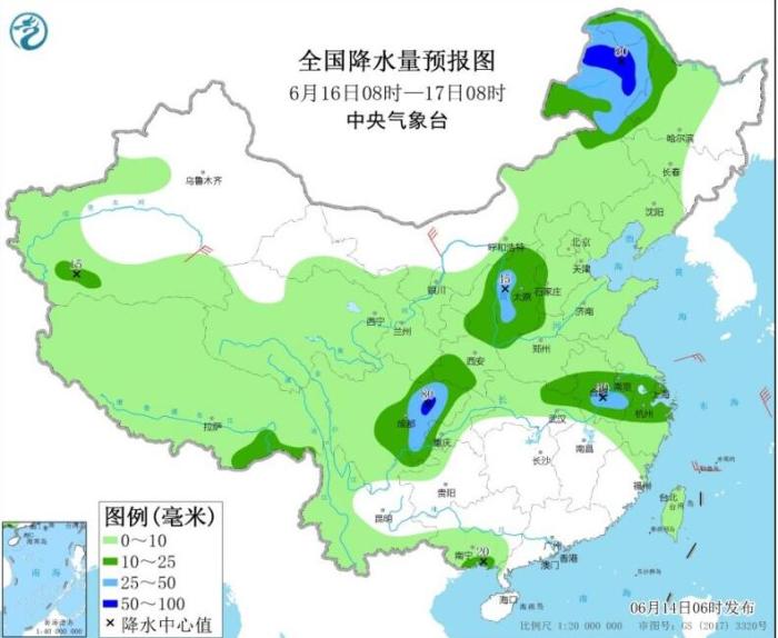 全国降水量预报图(6月16日8时-17日8时)