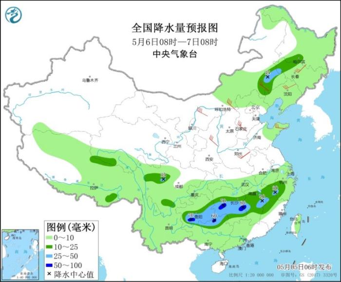 全国降水量预报图(5月6日08时-7日08时)