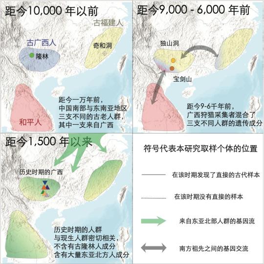 东亚与东南亚交汇处自1.1万年以来人群动态示意图。　中科院古脊椎所 供图