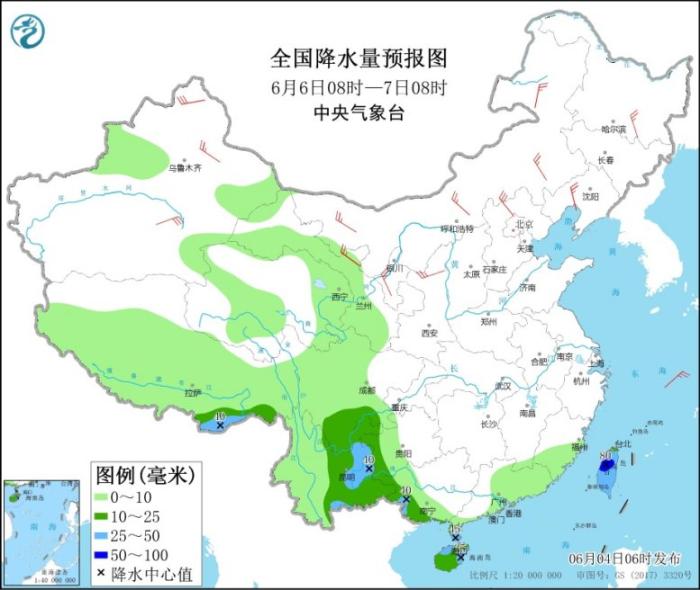 全国降水量预报图(6月6日08时-7日08时)